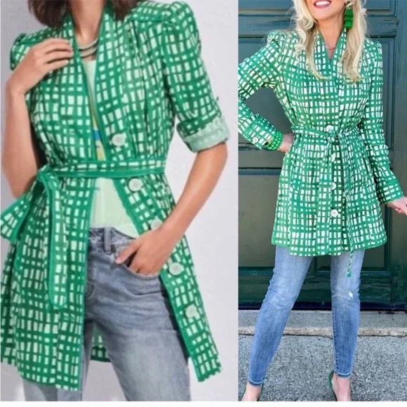 CAbi Green and White Checkered Jacket Tie Waist Shoulder Pads Medium - Picture 7 of 7